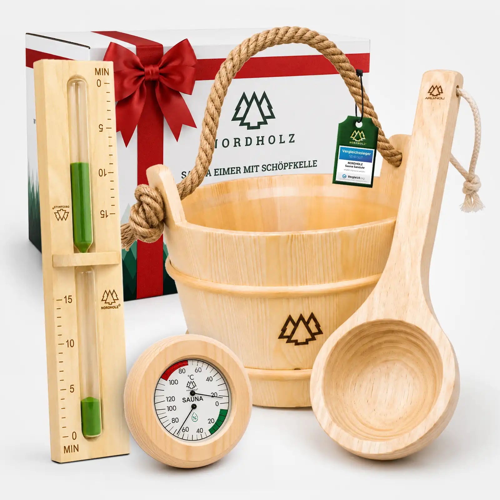 Sauna Eimer Set (Eimer, Kelle, Sanduhr, Hygrometer Holz) Nordholz Saunazubehör