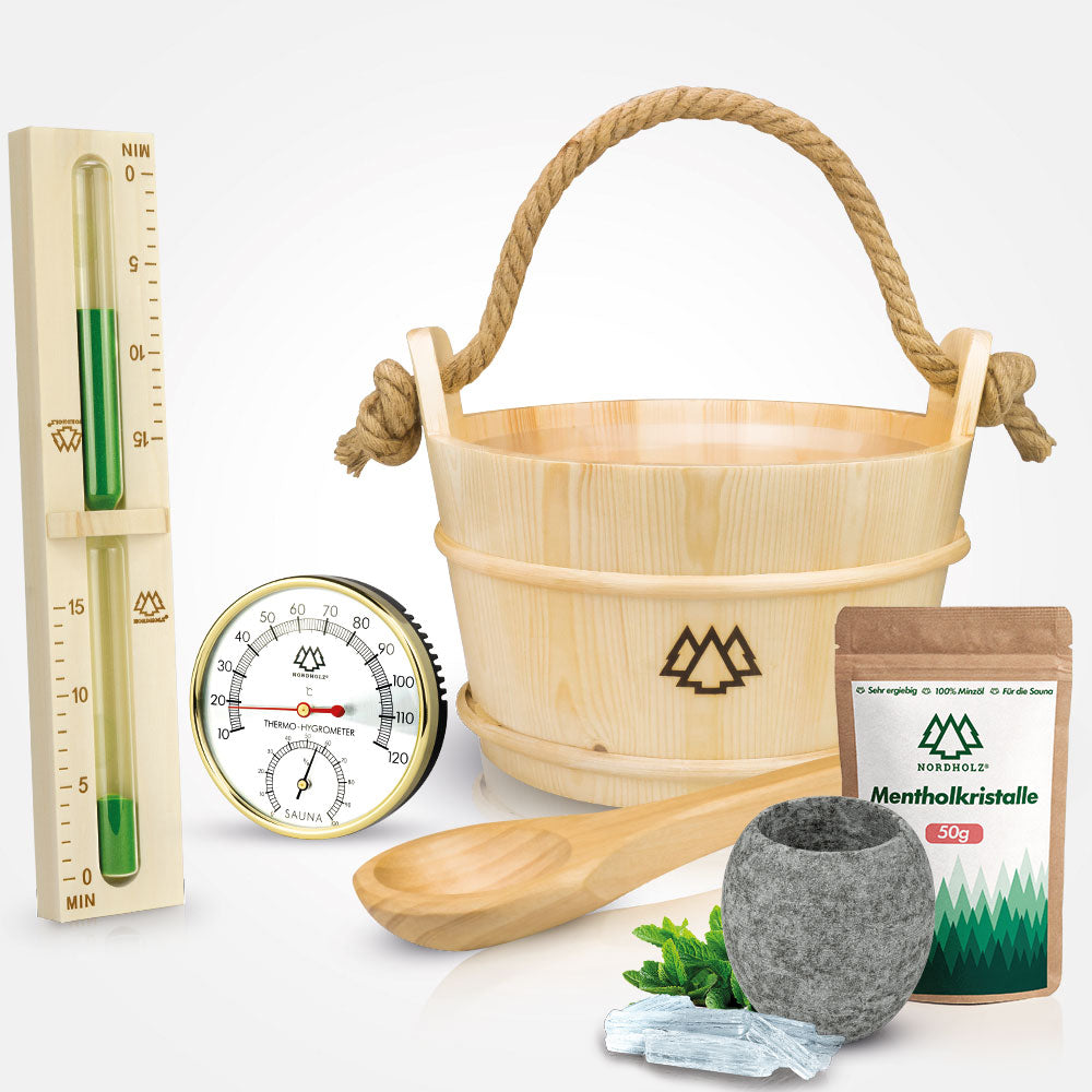 Sauna Eimer Set (Eimer, Kelle, Sanduhr, Hygrometer Alu, Aufgussschale, Mentholkristalle)