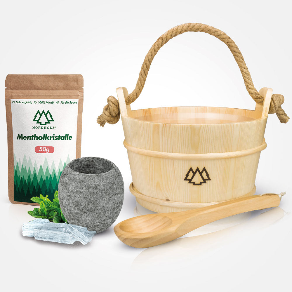 Sauna Eimer Set (Eimer, Kelle, Aufgussschale, Mentholkristalle)