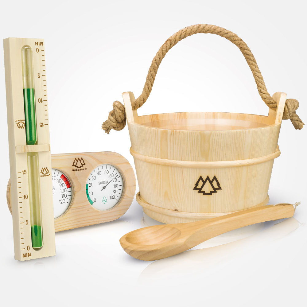 Sauna Eimer Set (Eimer, Kelle, Sanduhr, Doppelt Hygrometer Holz)