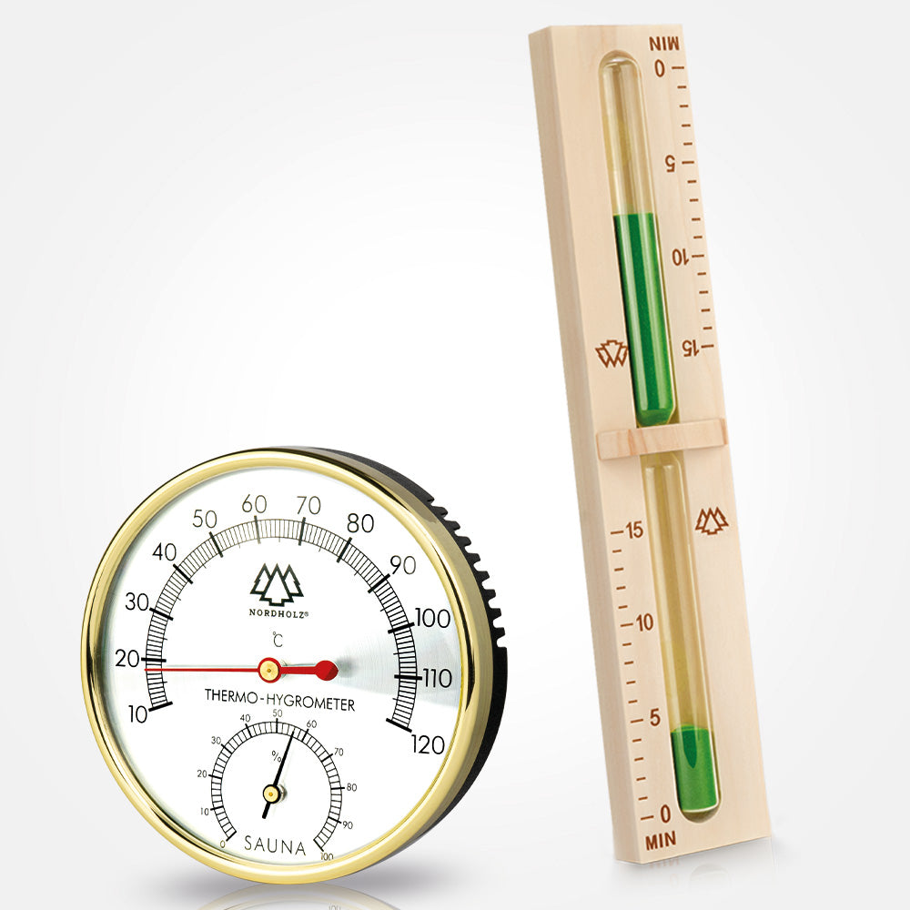 Sauna Hygrometer Alu + Sauna Sanduhr Bundle