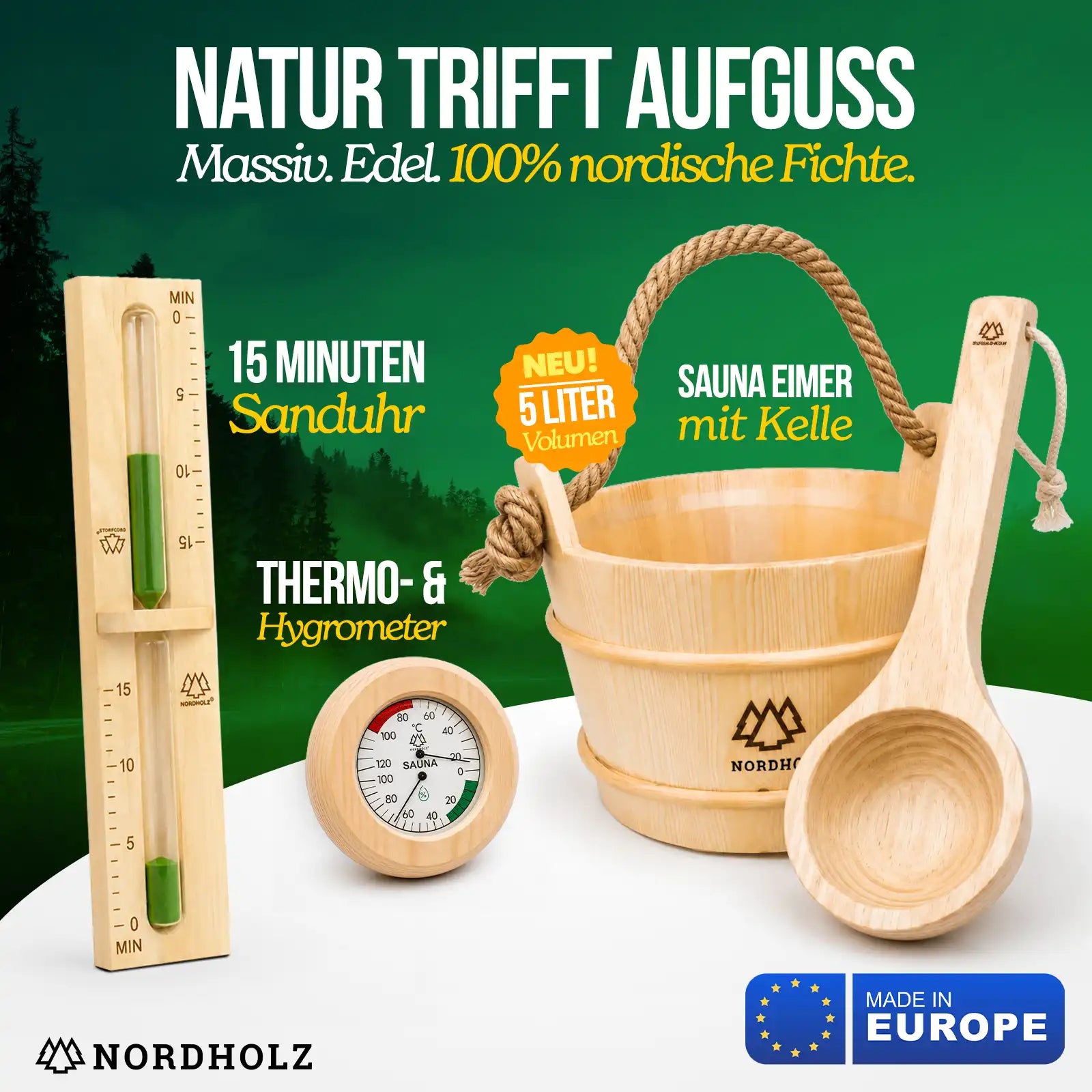 Sauna Eimer Set (Eimer, Kelle, Sanduhr, Hygrometer Holz) Nordholz Saunazubehör