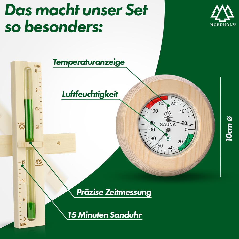 Sauna Hygrometer Holz + Sauna Sanduhr Bundle