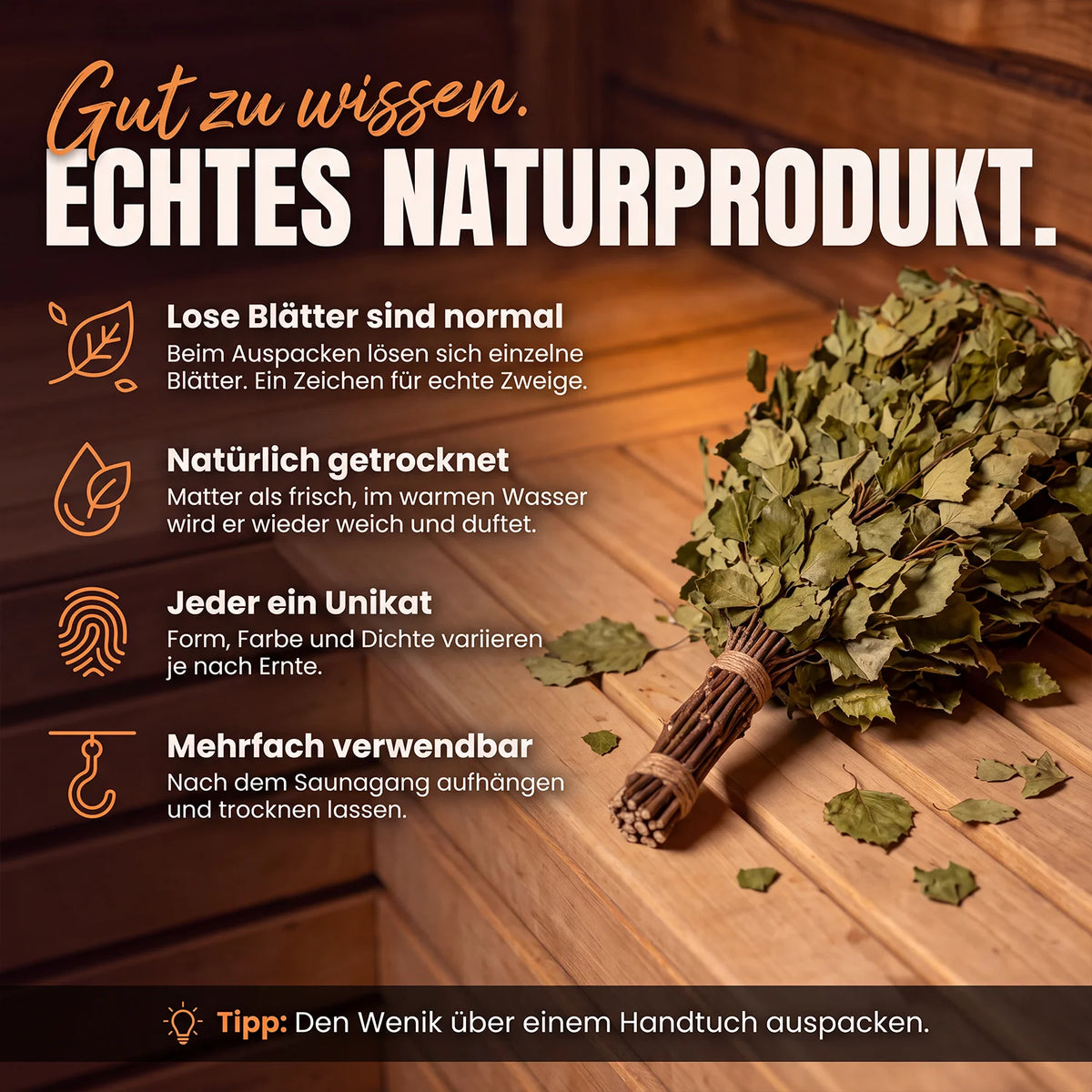 Sauna Wenik echtes Naturprodukt: lose Blätter sind normal, mehrfach verwendbar