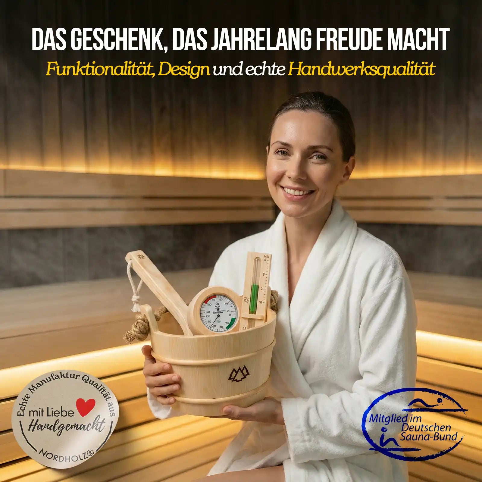 Sauna Eimer Set (Eimer, Kelle, Sanduhr, Hygrometer Holz) Nordholz Saunazubehör