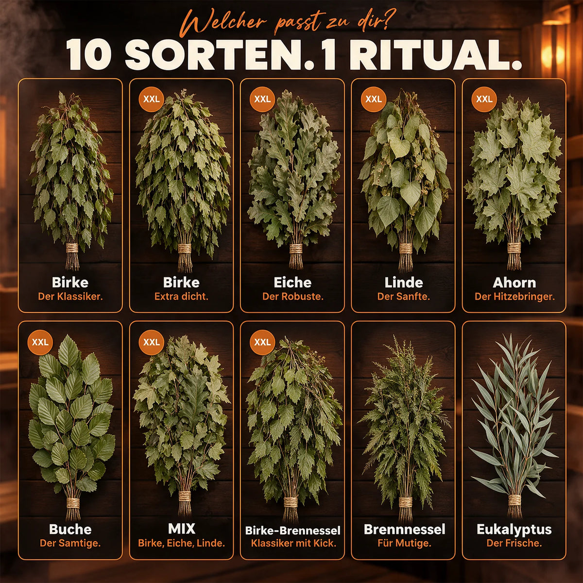 Sauna Wenik Sortenübersicht: Birke, Eiche, Linde, Ahorn, Buche, Mix, Brennessel, Eukalyptus