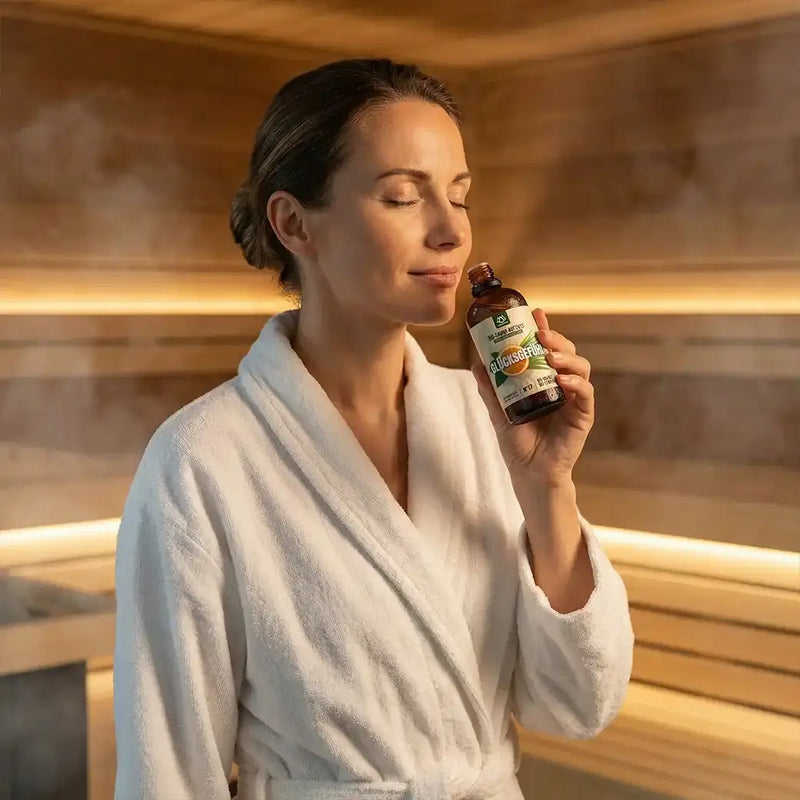 Frau riecht an NORDHOLZ Sauna Aufguss Flasche