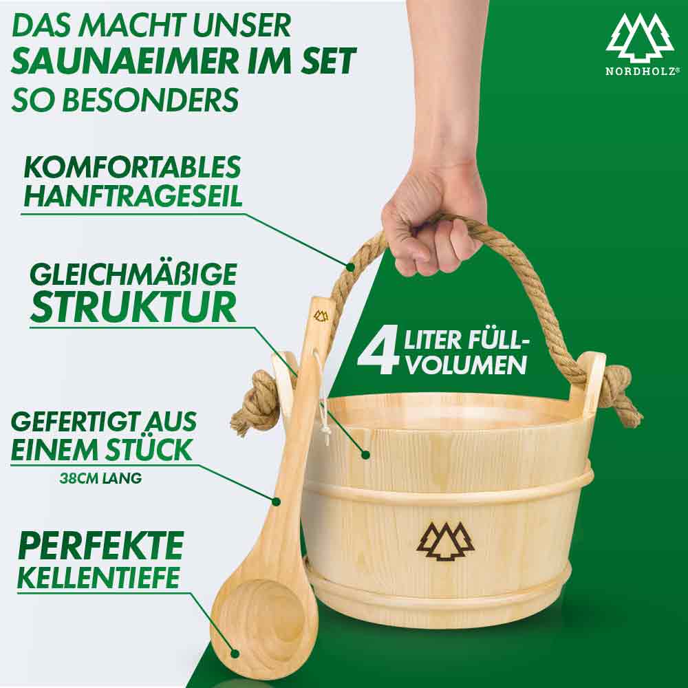 Sauna Eimer Set (Eimer, Kelle, Aufgussschale, Mentholkristalle)