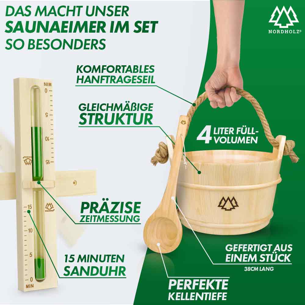Sauna Eimer Set (Eimer, Kelle, Sanduhr, Hygrometer Alu, Aufgussschale, Mentholkristalle)