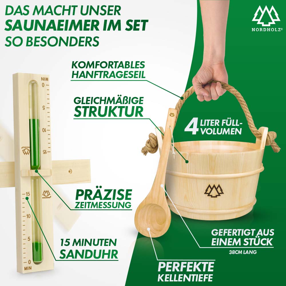 Sauna Eimer Set (Eimer, Kelle, Sanduhr, Doppelt Hygrometer Holz)