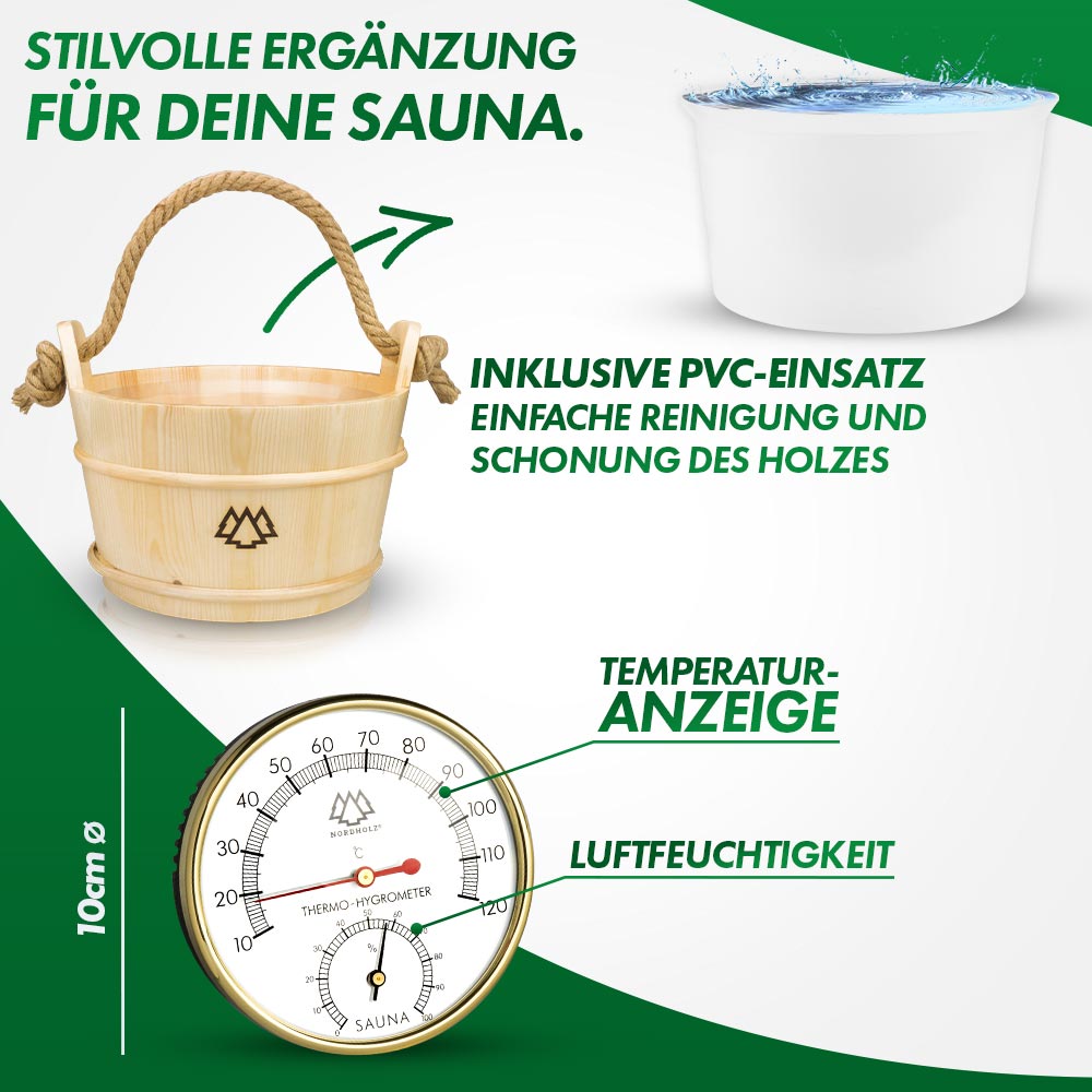 Sauna Eimer Set (Eimer, Kelle, Sanduhr, Hygrometer Alu)