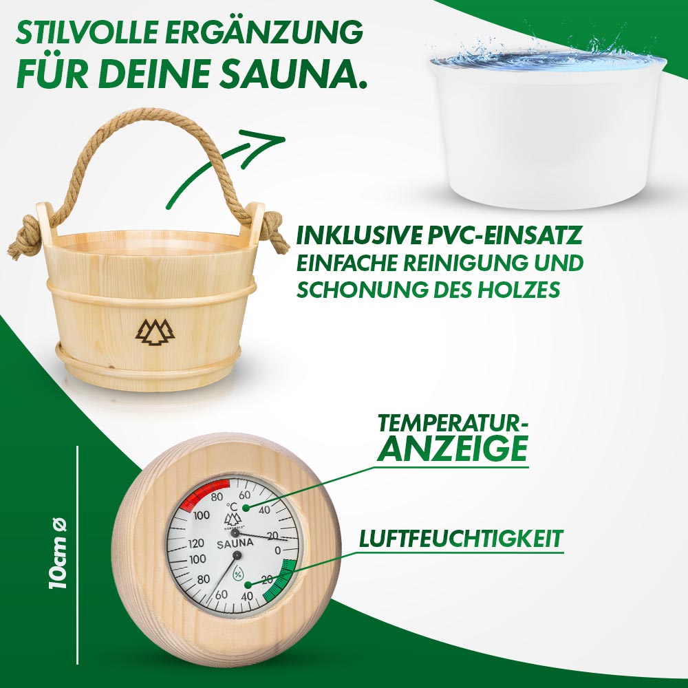 Sauna Eimer Set (Eimer, Kelle, Sanduhr, Hygrometer Holz)