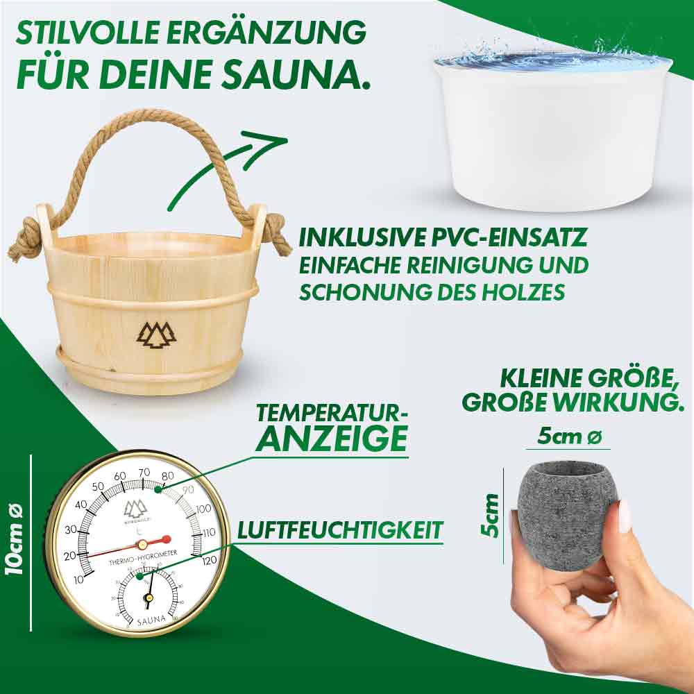 Sauna Eimer Set (Eimer, Kelle, Sanduhr, Hygrometer Alu, Aufgussschale, Mentholkristalle)