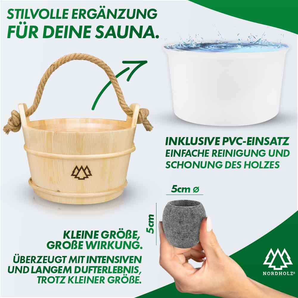 Sauna Eimer Set (Eimer, Kelle, Aufgussschale, Mentholkristalle)