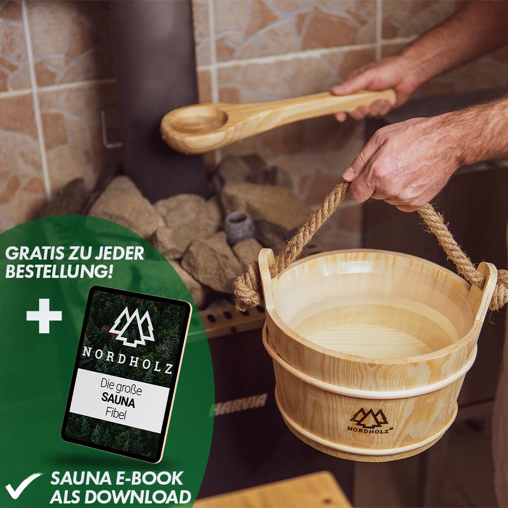 Sauna Eimer Set (Eimer, Kelle, Sanduhr, Hygrometer Holz)