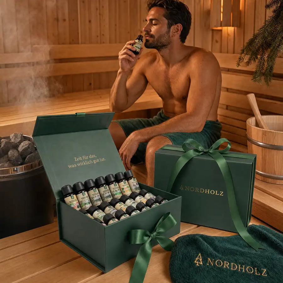 NORDHOLZ Probierbox mit ätherischen Ölen in der Sauna