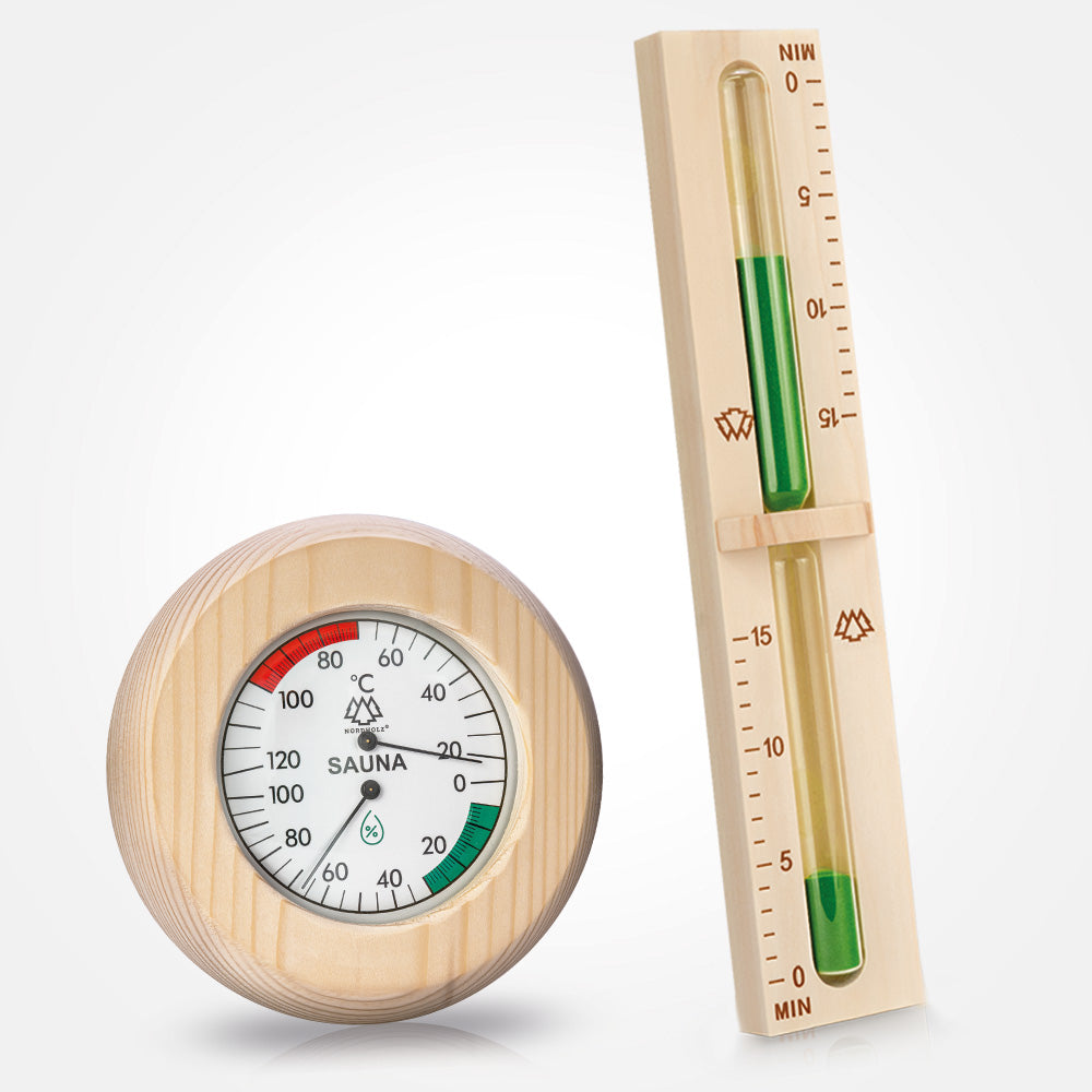 Sauna Hygrometer Holz + Sauna Sanduhr Bundle
