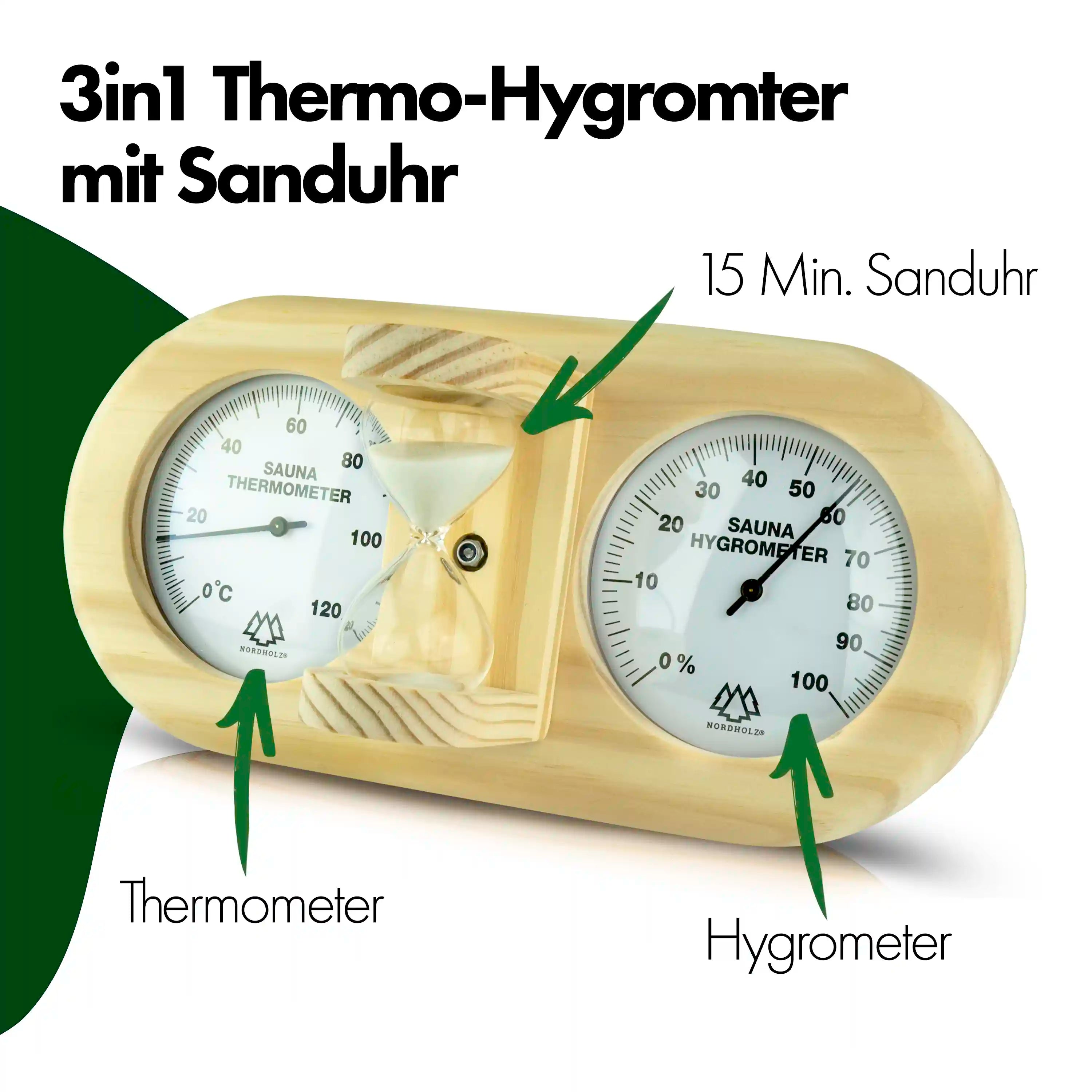 Sauna Thermo-Hygrometer mit Sanduhr 3in1