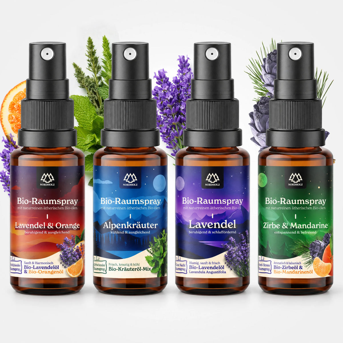 Bio Raumspray Probier-Bundle von NORDHOLZ, 4 Düfte à 15 ml