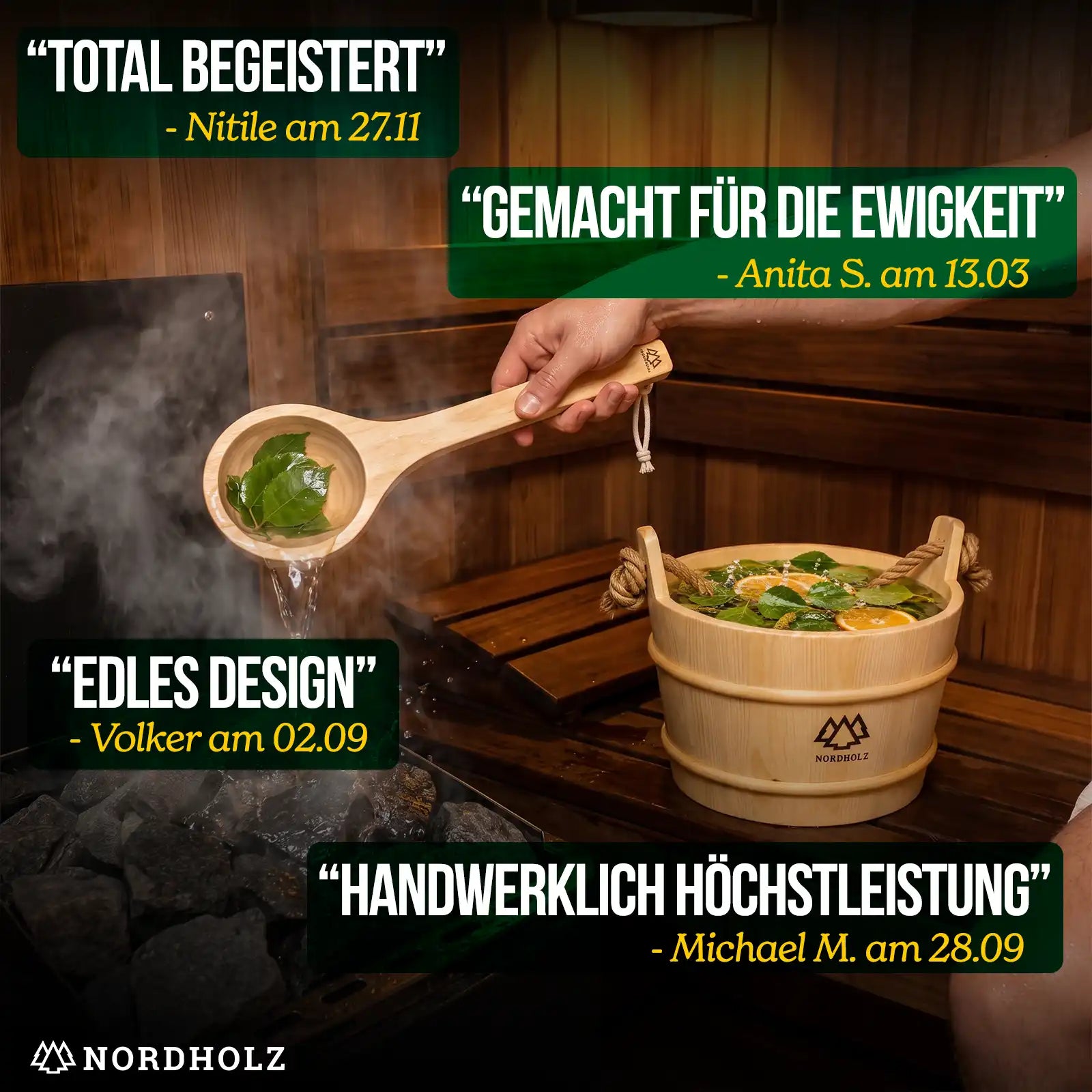 Sauna Eimer Set (Eimer, Kelle, Sanduhr, Hygrometer Holz) Nordholz Saunazubehör